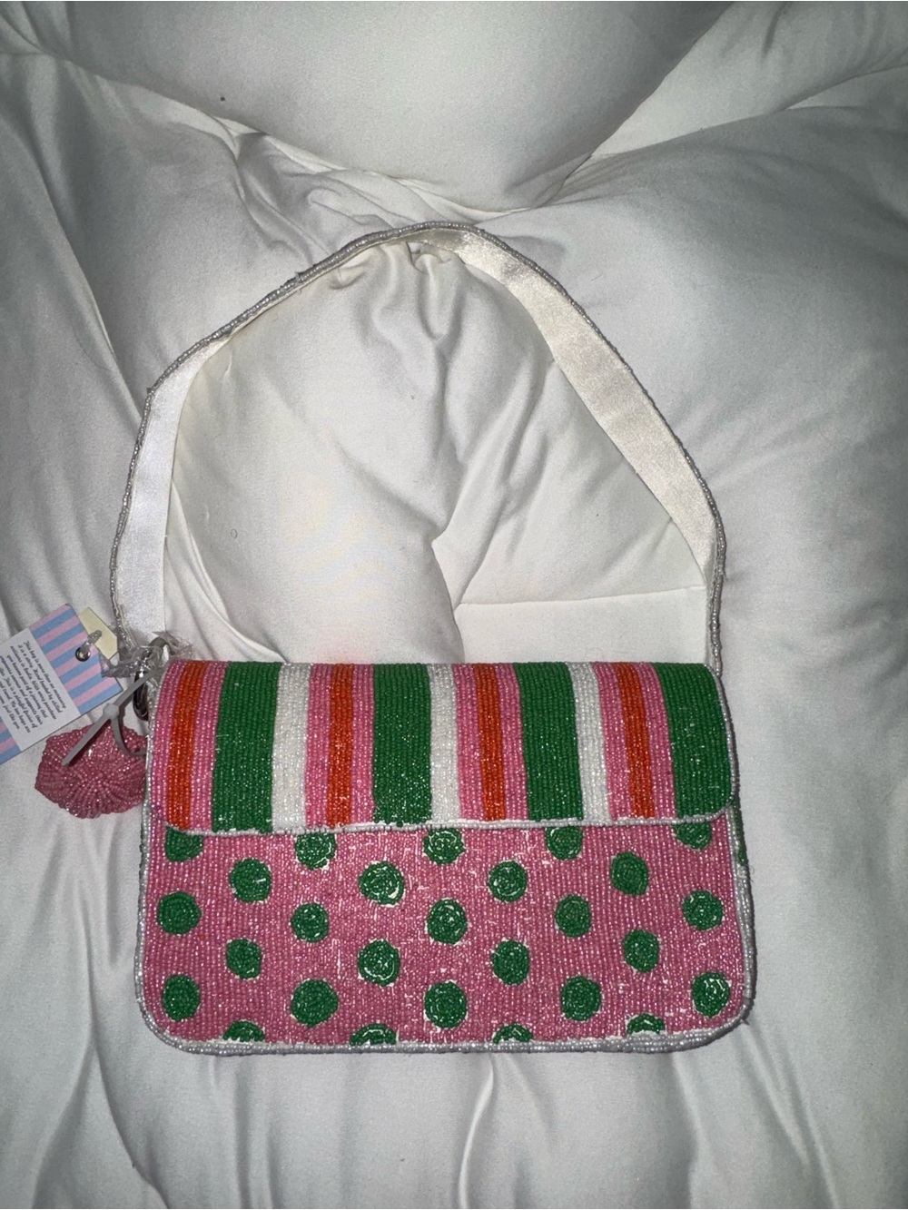 Beaded Shoulder Bag Pink Green White Stripes Dots Handmade in India New w Tags